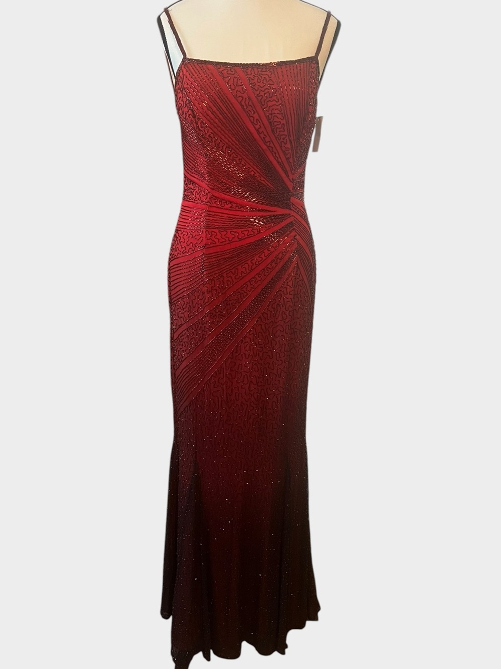 JMDC Vintage 90s Silk Beaded Ombre Mermaid Maxi Gown Red Black Open Back Medium